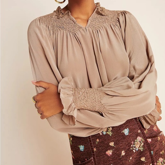Anthropologie Love Sam Lissa Silk Peasant Blouse Embroidered Smocked Tan Sz XS - Picture 2 of 16